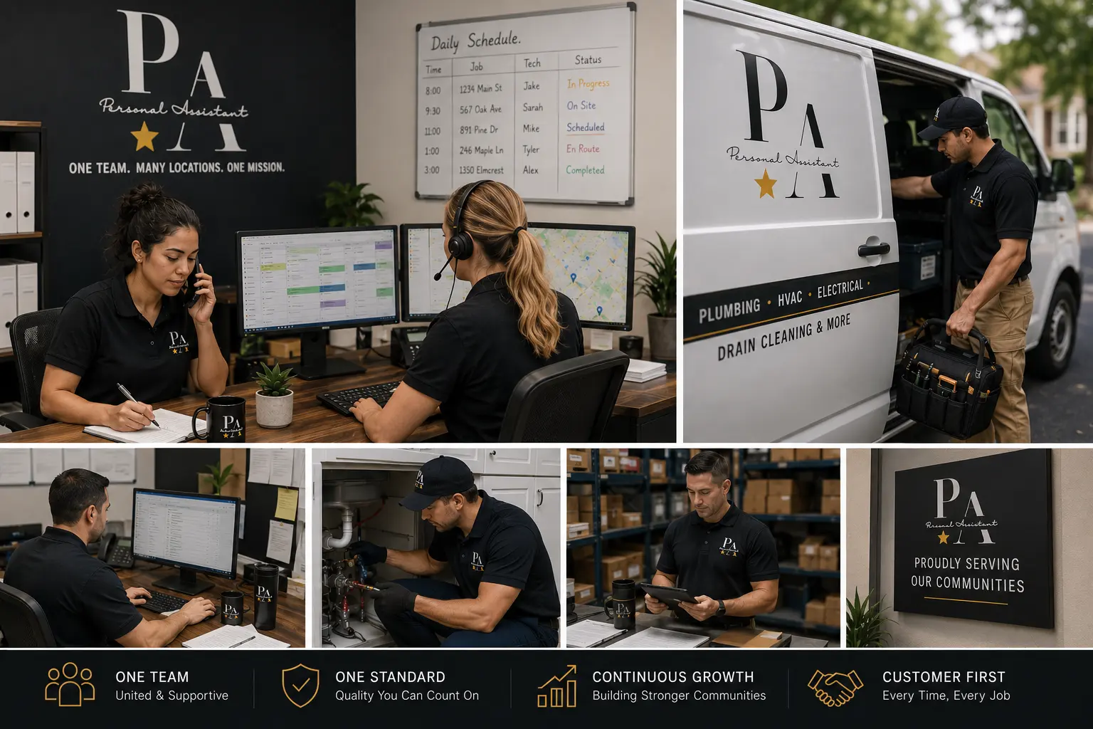 A franchise business team working together to manage daily operations across multiple locations under one brand, coordinating schedules, customer service, business systems, and growth.