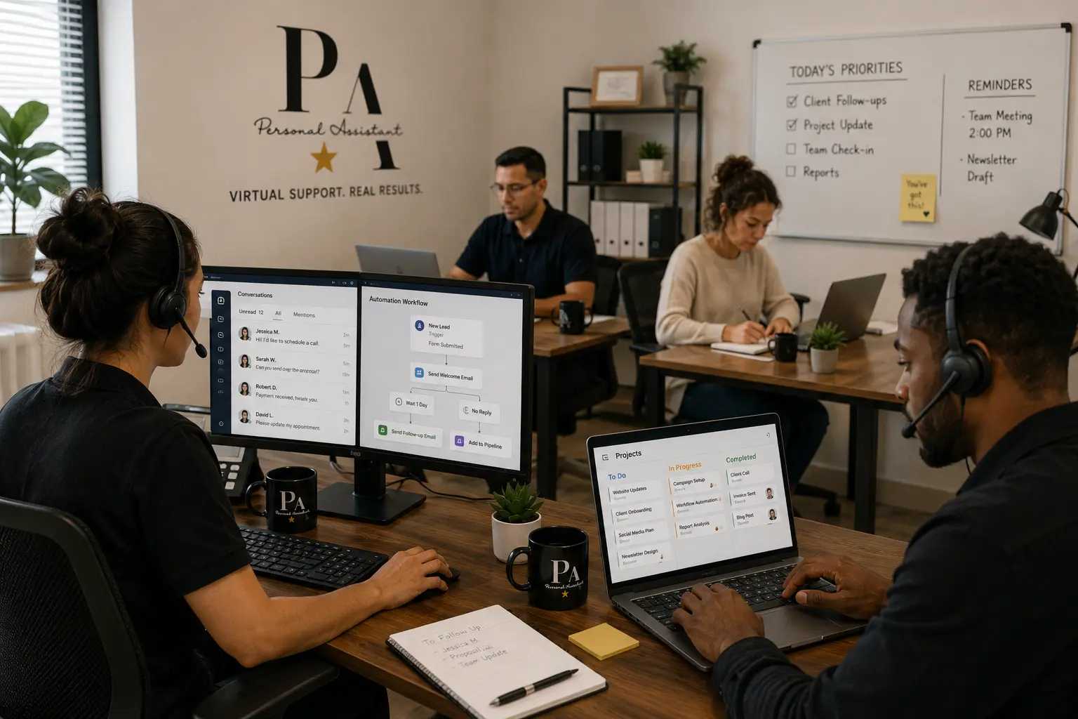 A diverse virtual support and business operations team working together in a modern office, managing client communications, CRM workflows, projects, follow-ups, and daily administrative tasks on computers.